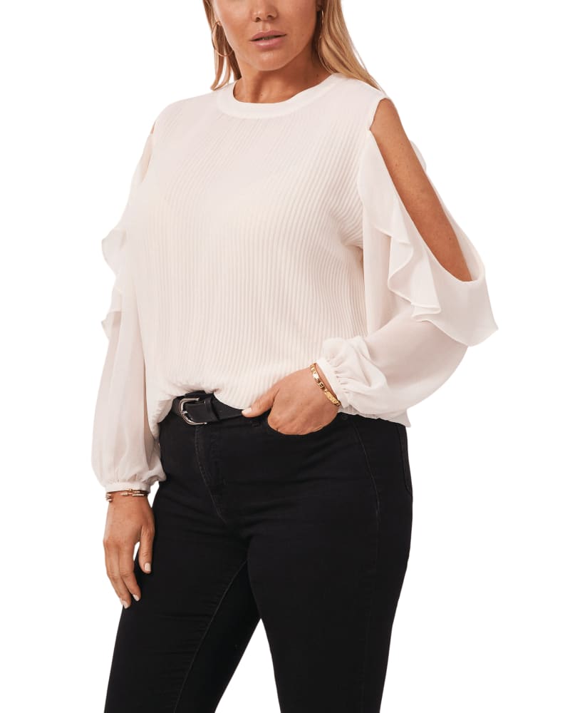Front of a model wearing a size 0X Nina Ruffle Cutout Blouse in SOFT ECRU-104 by 1.State. | dia_product_style_image_id:262177